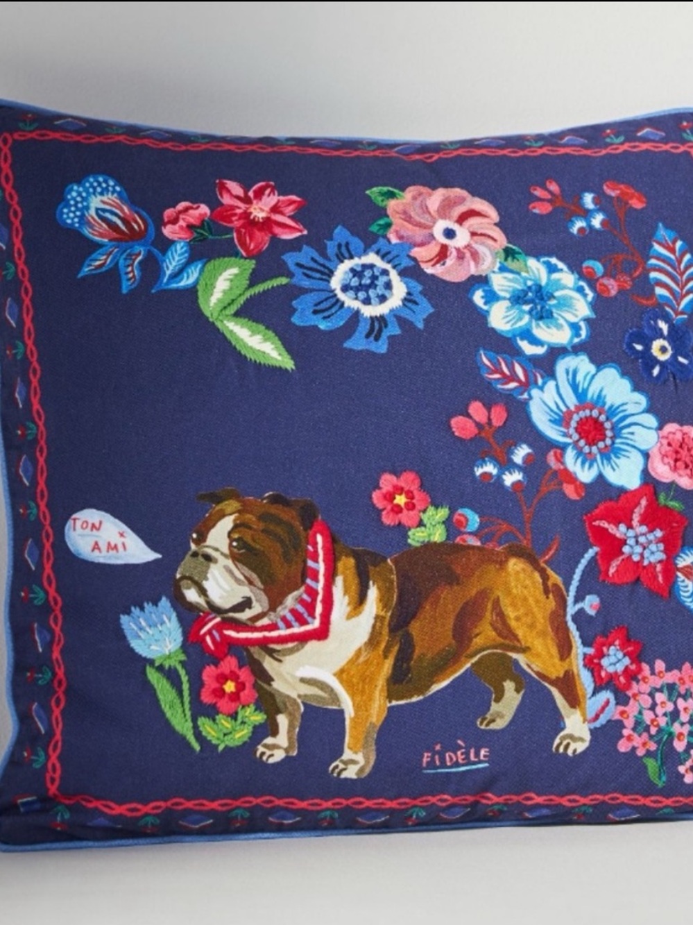 NWT Anthro Nathalie Lete Embroidered Bulldog Floral Whimsical Pillow 18x18